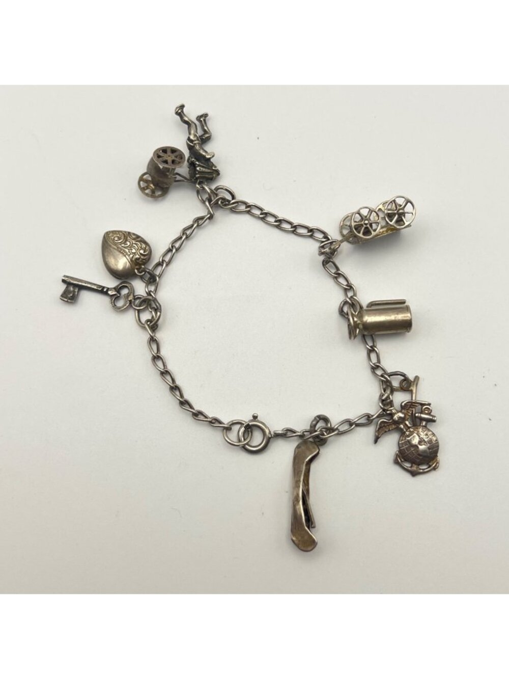 Vintage Sterling Silver Charm Bracelet 6.5" USMC Wagon Heart Key Canoe Chief